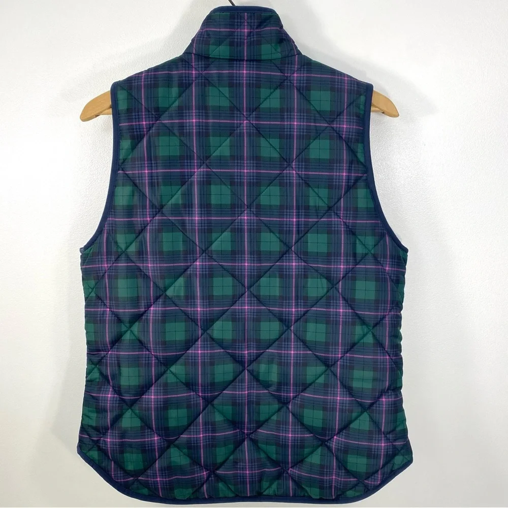 J. Crew Tartan Plaid Quilted Insulated Puffer Vest Jacket Navy Blue Green Pink S